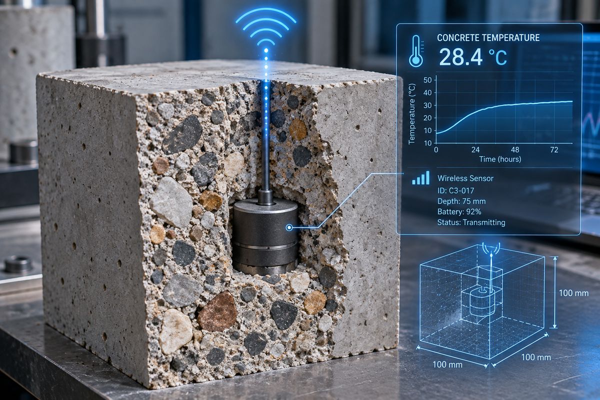 Cutaway of a concrete cube showing a temperature probe cast into the middle of the specimen, with the aggregate visible around it and the reading relayed wirelessly.