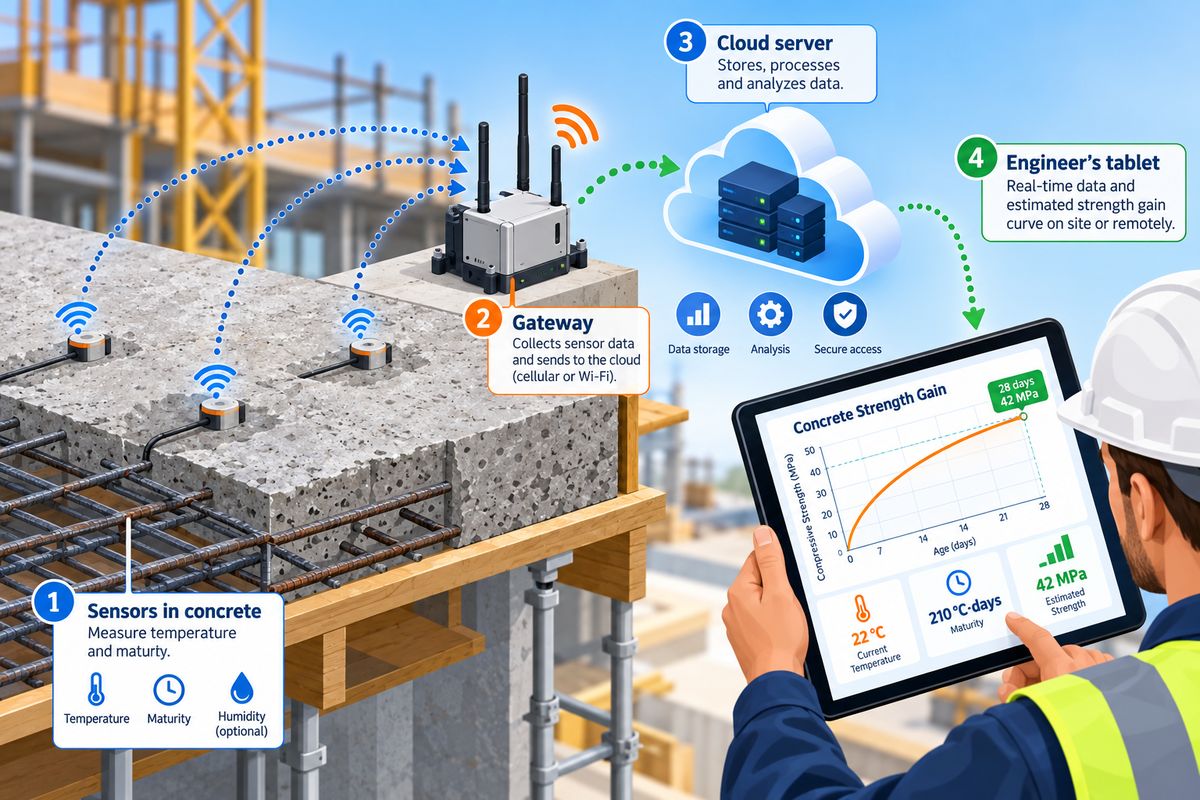 A site slab on falsework with probes embedded in the deck, relaying to a gateway, then to a cloud server and on to an engineer's tablet showing a strength-gain curve.